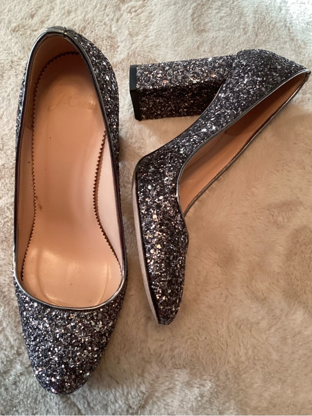 J. Crew Silver/Gray Glitter Block Heel Pumps - 6.5